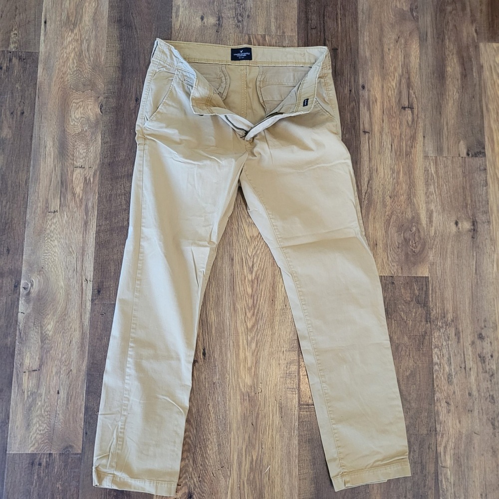 American Eagle Mens Skinny Chino Pants Khaki Tan 34/32 Straight Leg Slim Fit - Picture 9 of 10